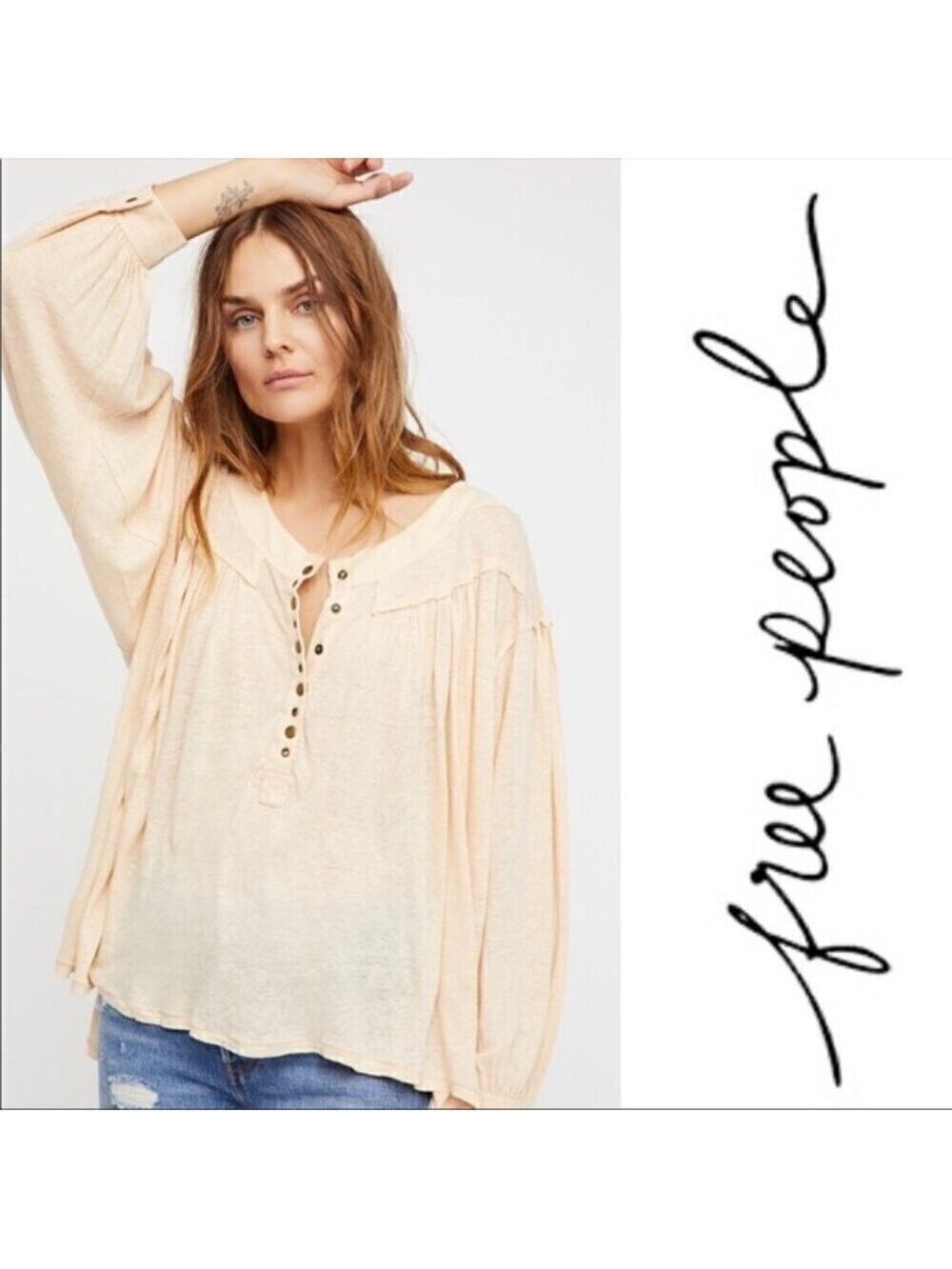 Free People We the Free Peach Henley Hi Low Hemline Long Sleeve Top Size XS